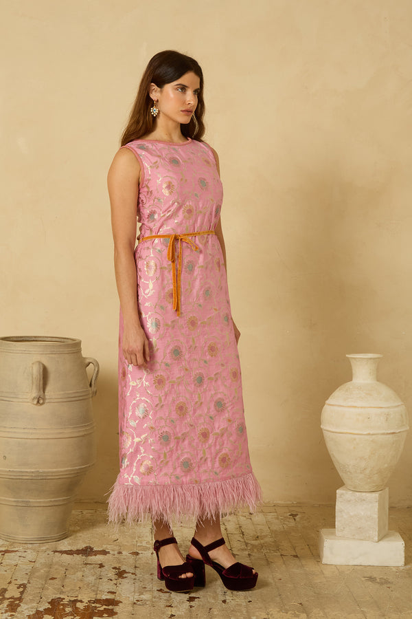 Fête Feather Dress in Pink Varanasi