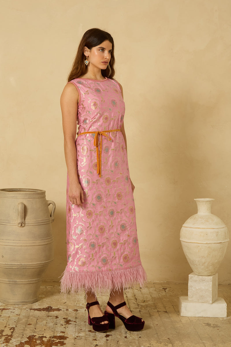 Fête Feather Dress in Pink Varanasi