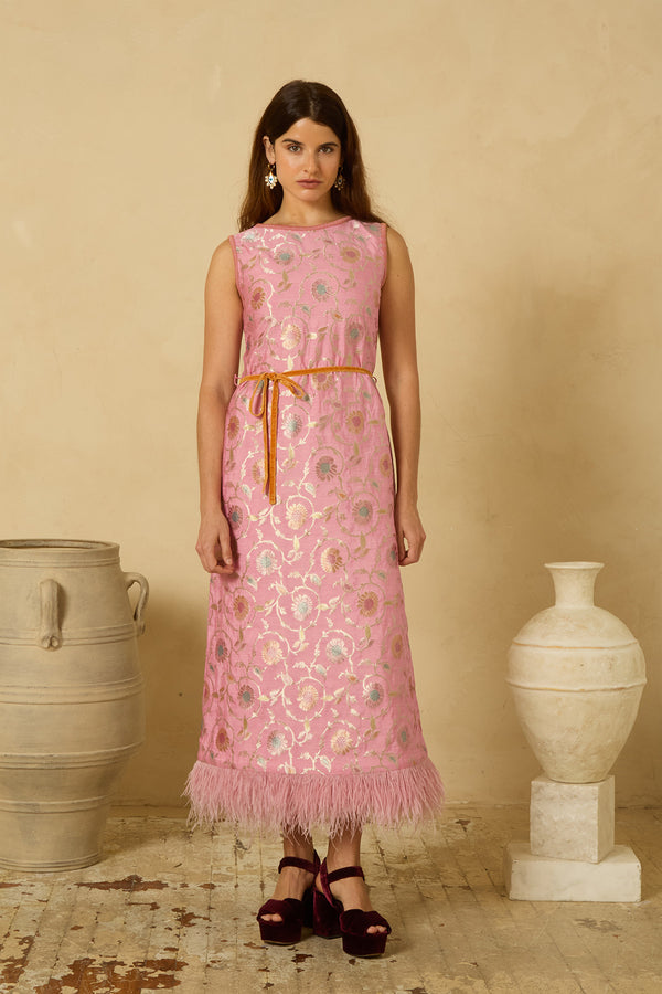Fête Feather Dress in Pink Varanasi
