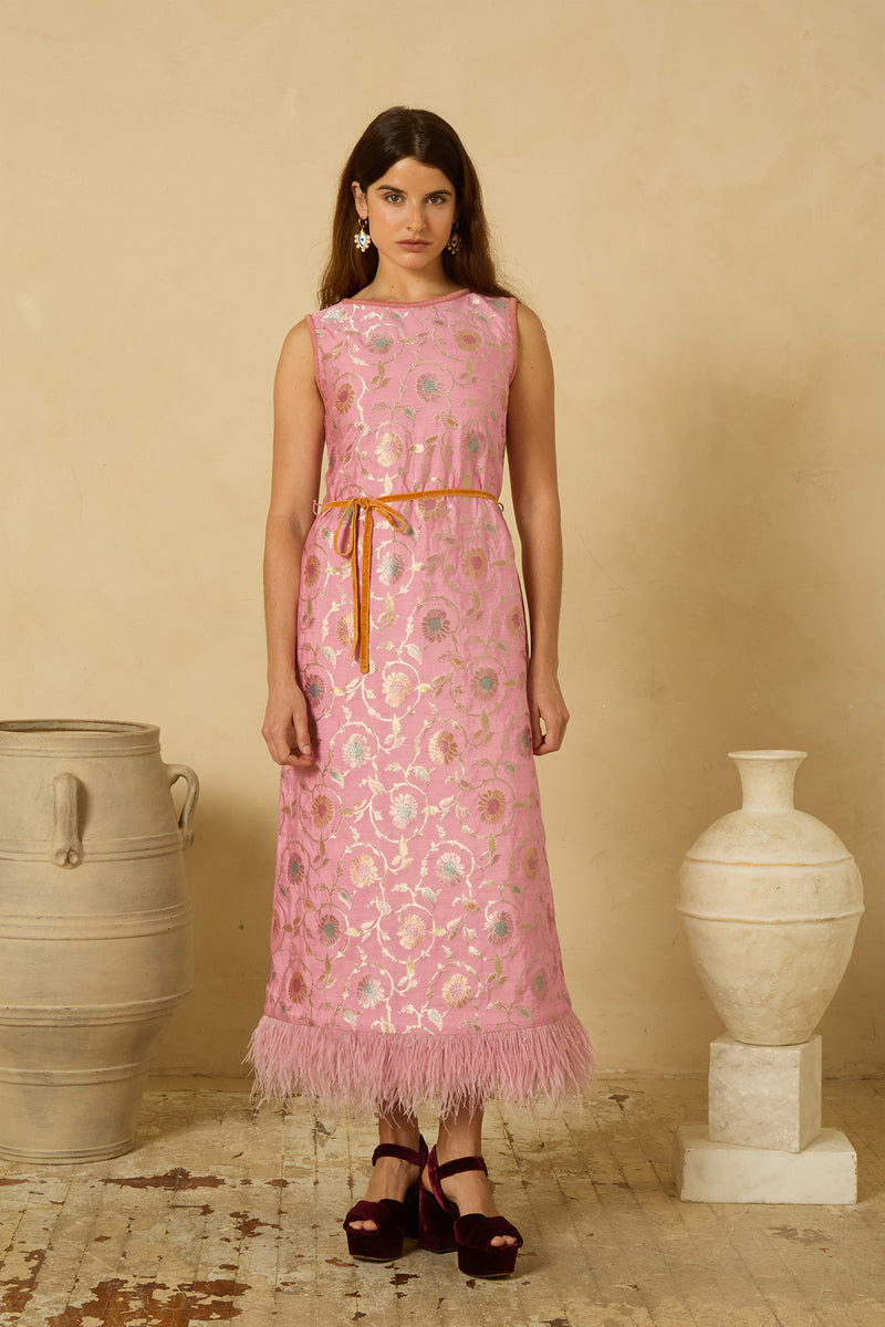 Fête Feather Dress in Pink Varanasi