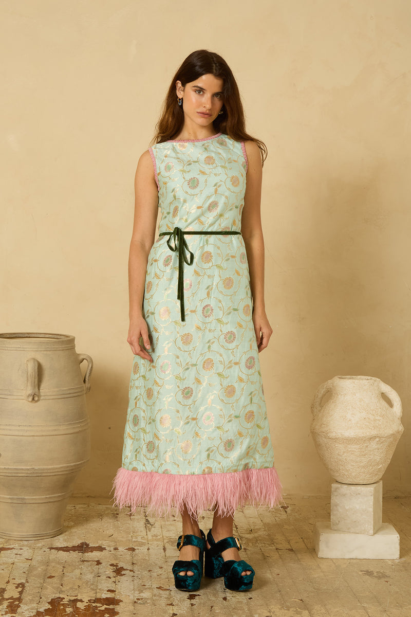 Fête Feather Dress in Seafoam Varanasi