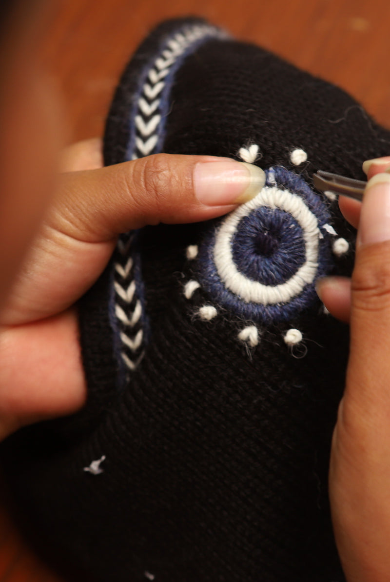 Evil Eye Beanie - Black with Blue Embroidery