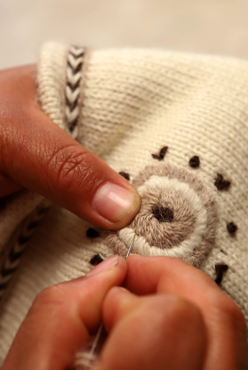 Evil Eye Beanie - Cream with Brown Embroidery