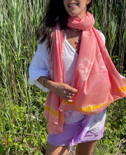 Shibori Flowers Pashmina - Coral with Marigold Edge