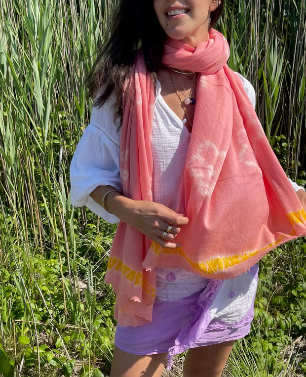 Shibori Flowers Pashmina - Coral with Marigold Edge