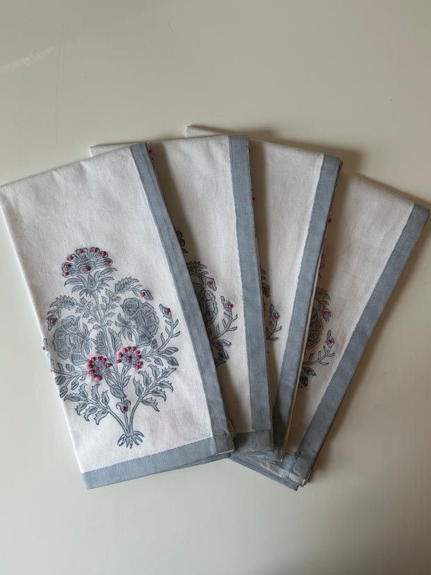 Bouquet Flower Napkins with French Knot Hand Embroidery in Nantucket Grey & Hot Pink , Set of 4