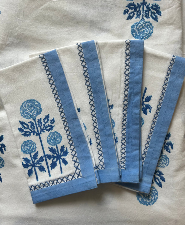 Modern Floral Napkins with Embroidery in Grecian Blues, Set of 4