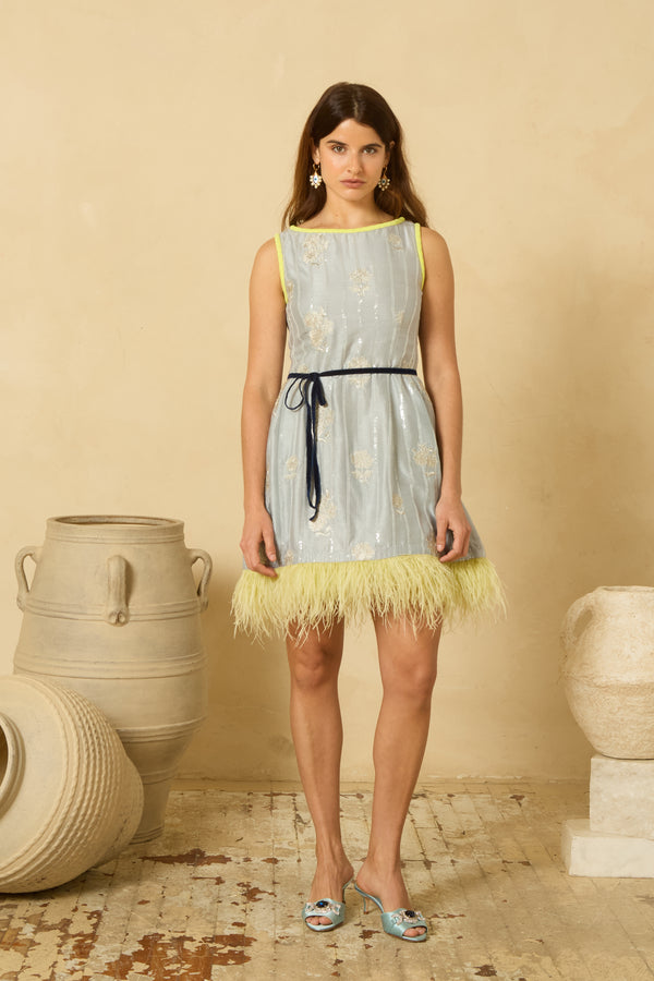 Soiree Feather Dress in Grey Blue