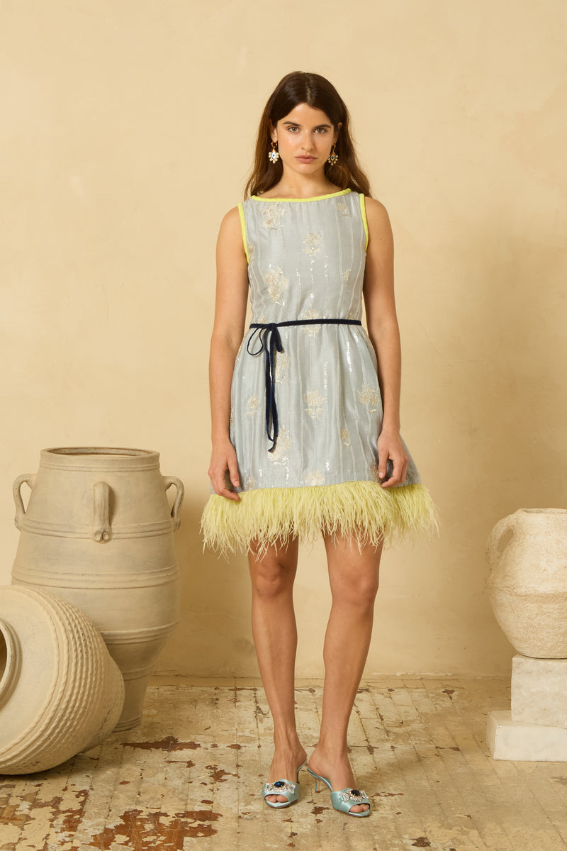 Soiree Feather Dress in Grey Blue