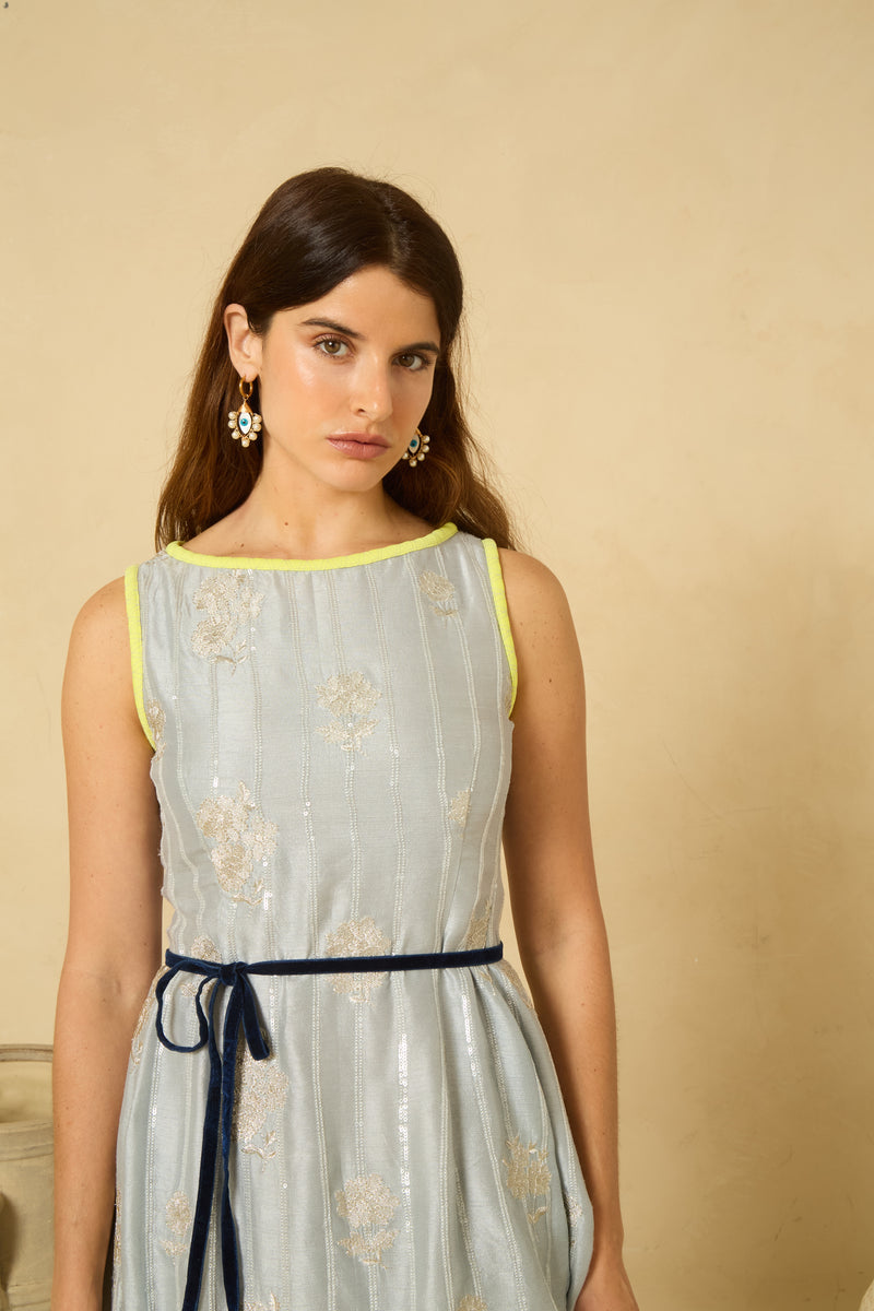 Soiree Feather Dress in Grey Blue