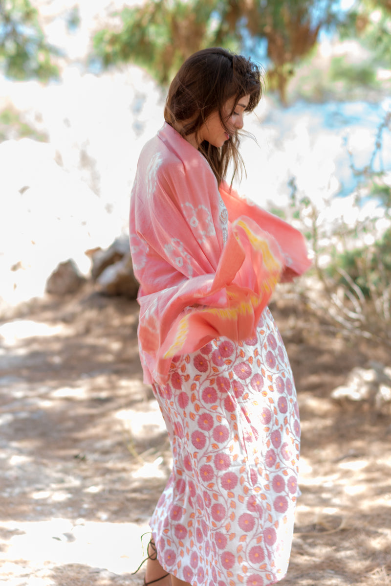 Shibori Flowers Pashmina - Coral with Marigold Edge