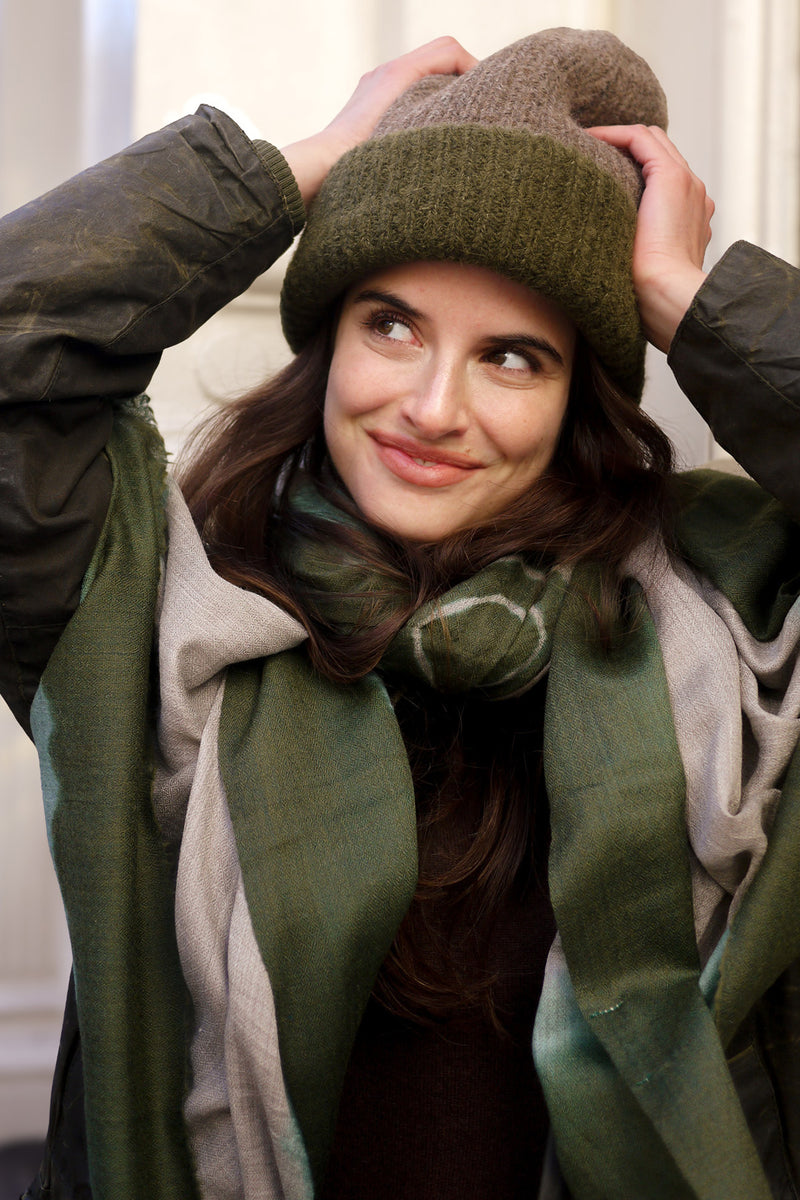 Reversible Bank Street Beanie - Dark Green and Cocoa