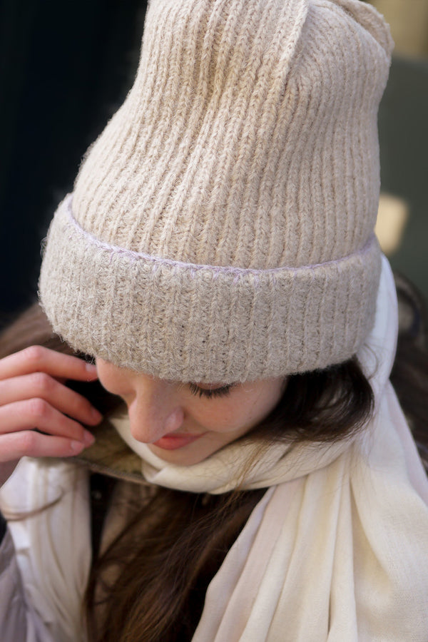Reversible Bank Street Beanie Embroidered - Oatmeal and Tan with Lavender Blanket Stitch