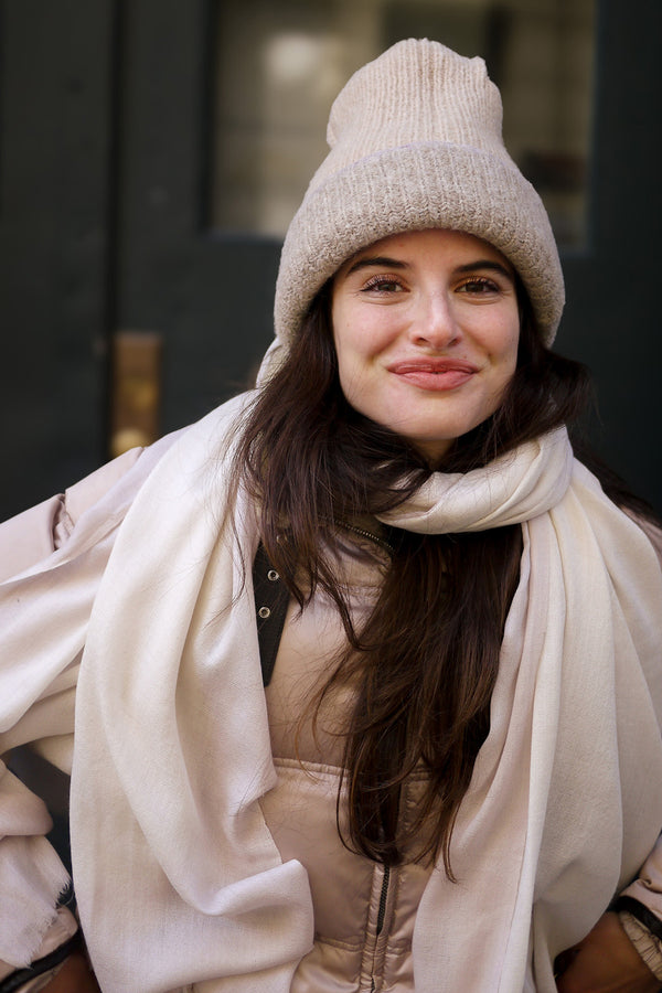 Reversible Bank Street Beanie Embroidered - Oatmeal and Tan with Lavender Blanket Stitch