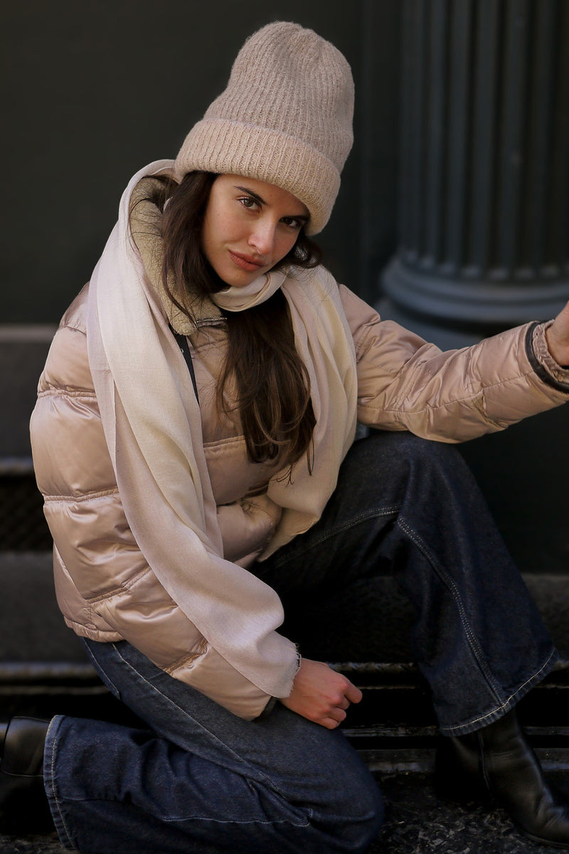 Reversible Bank Street Beanie Embroidered - Oatmeal and Tan with Lavender Blanket Stitch