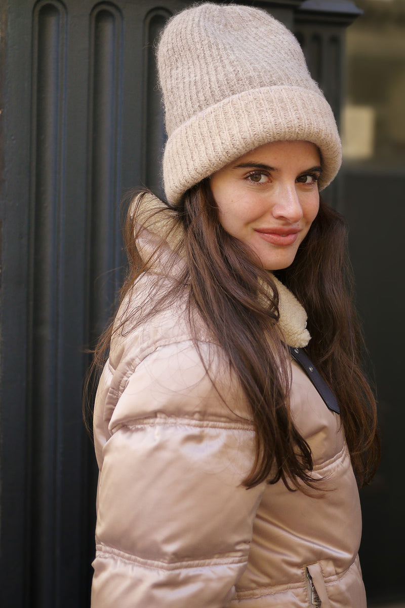 Reversible Bank Street Beanie Embroidered - Oatmeal and Tan with Lavender Blanket Stitch