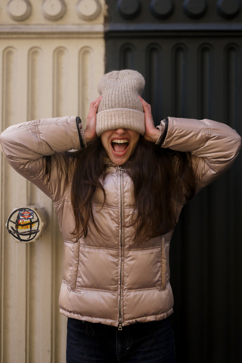 Reversible Bank Street Beanie Embroidered - Oatmeal and Tan with Lavender Blanket Stitch