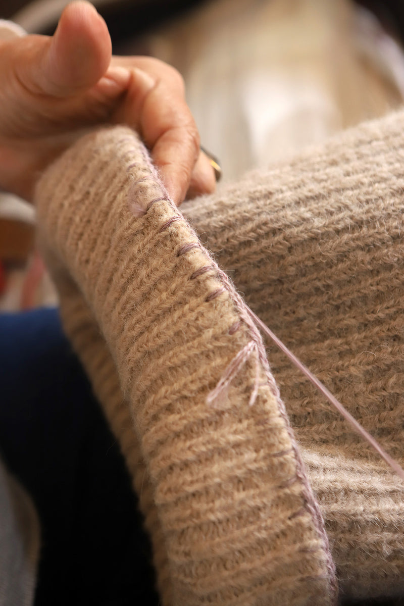 Reversible Bank Street Beanie Embroidered - Oatmeal and Tan with Lavender Blanket Stitch