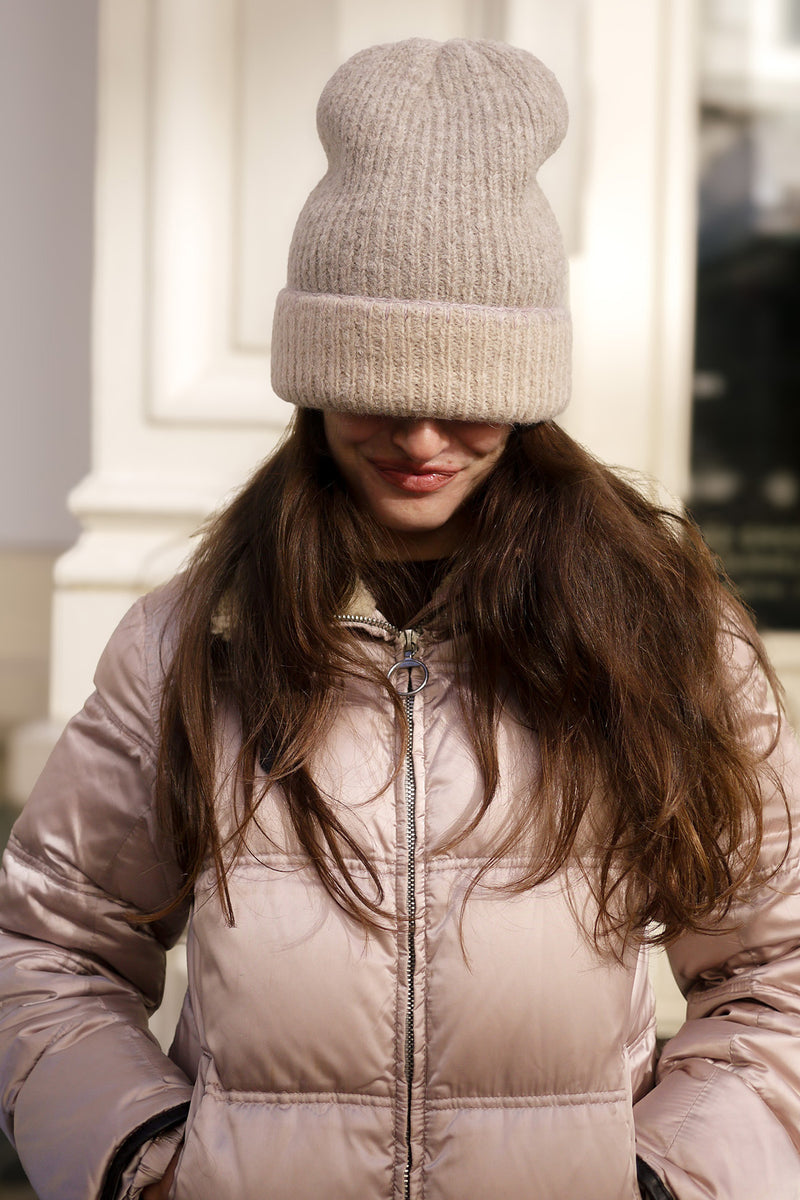 Reversible Bank Street Beanie Embroidered - Oatmeal and Tan with Lavender Blanket Stitch