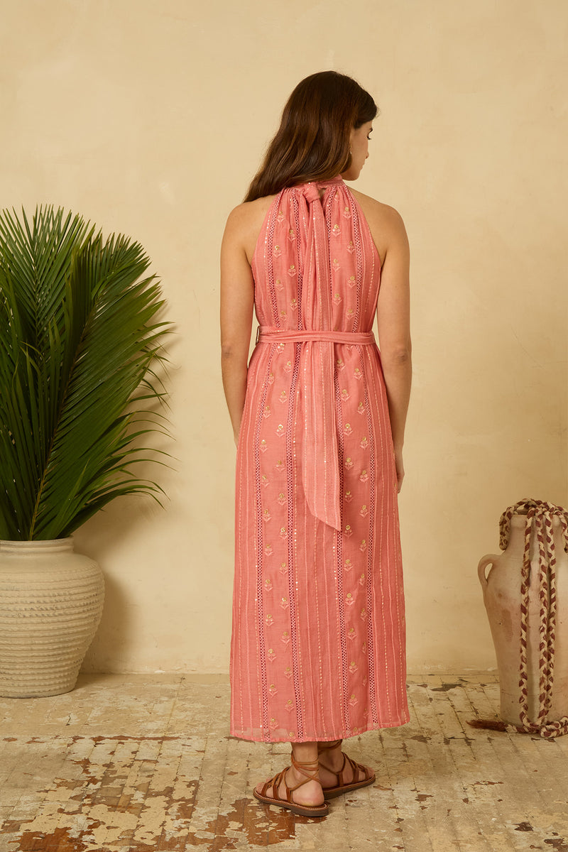 Sequin Halter Dress in Coral