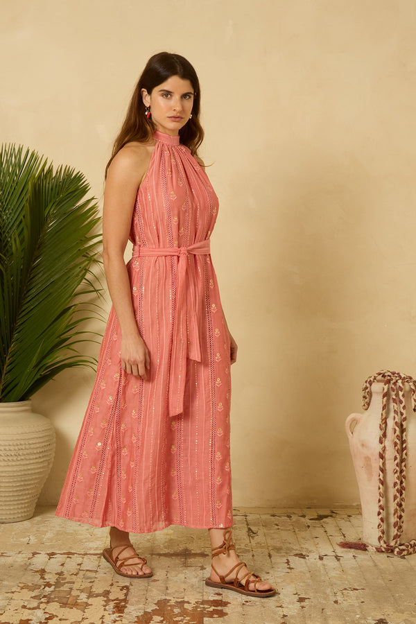 Sequin Halter Dress in Coral