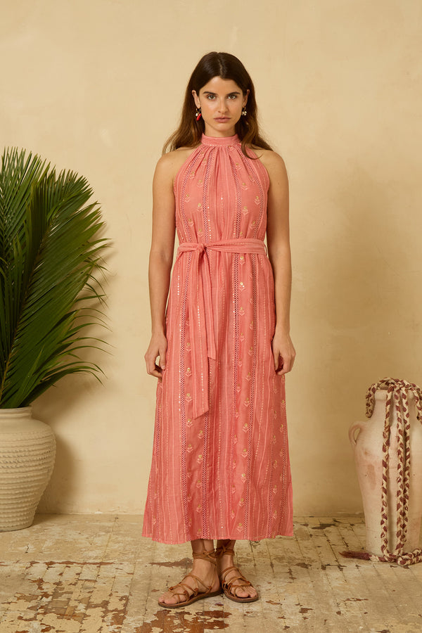 Sequin Halter Dress in Coral