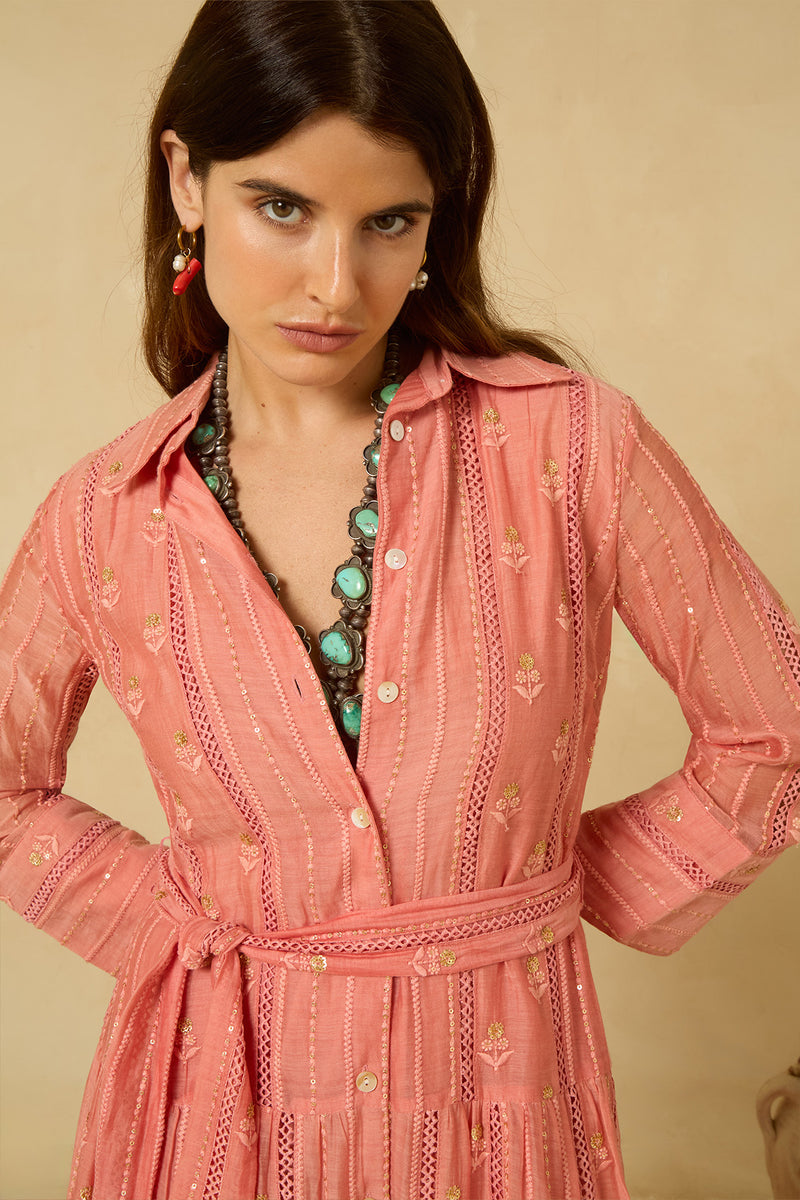 Sequin Shirt Dress in Coral