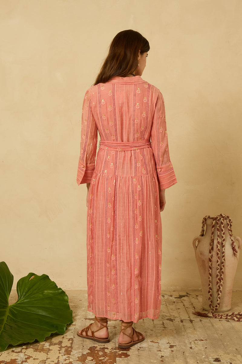 Sequin Shirt Dress in Coral