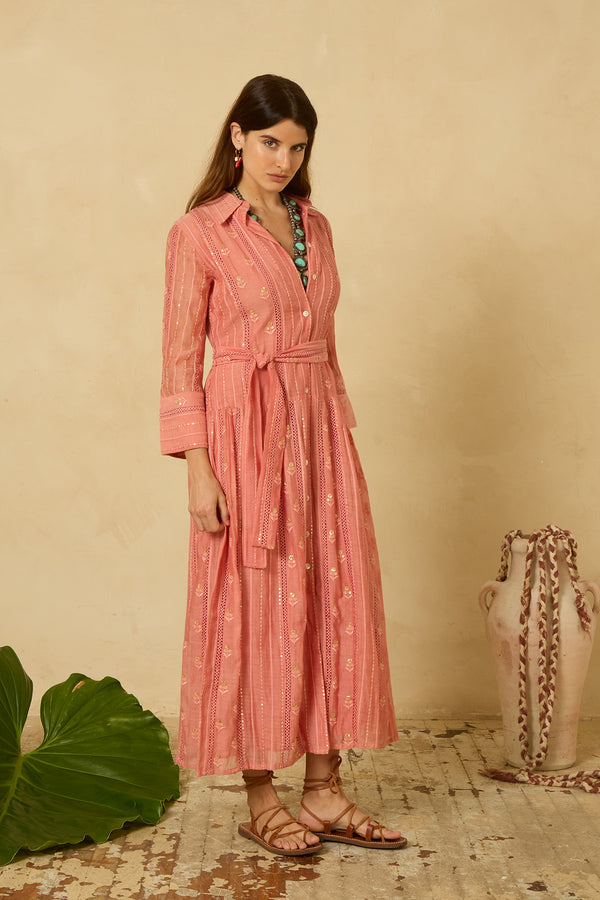 Sequin Shirt Dress in Coral