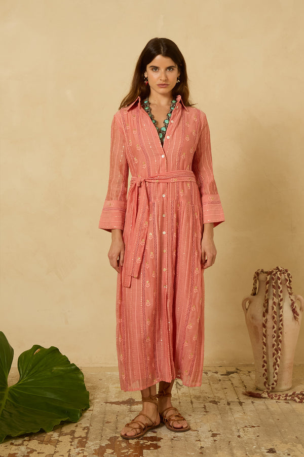 Sequin Shirt Dress in Coral