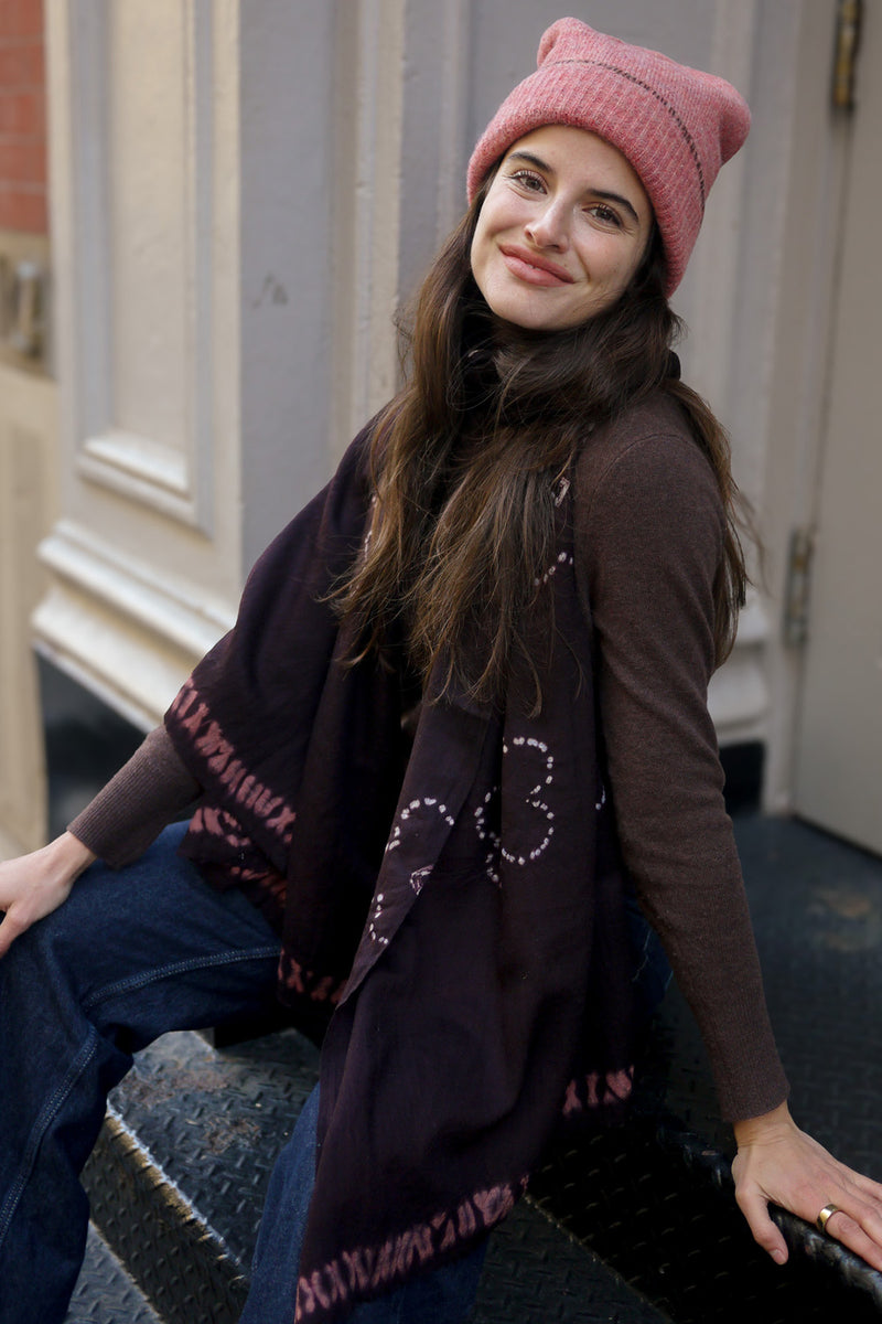 Shibori Flowers Pashmina - Brown with Pink Edge