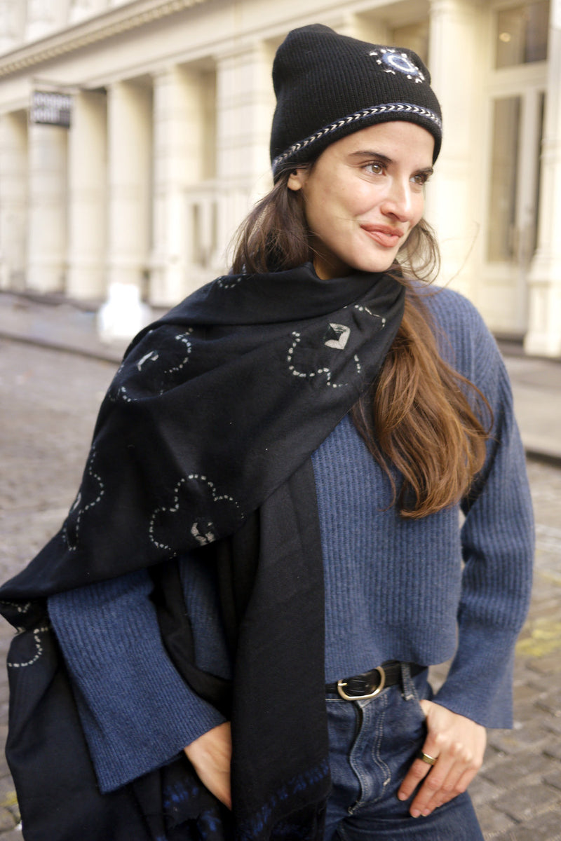 Shibori Flowers Pashmina in Black