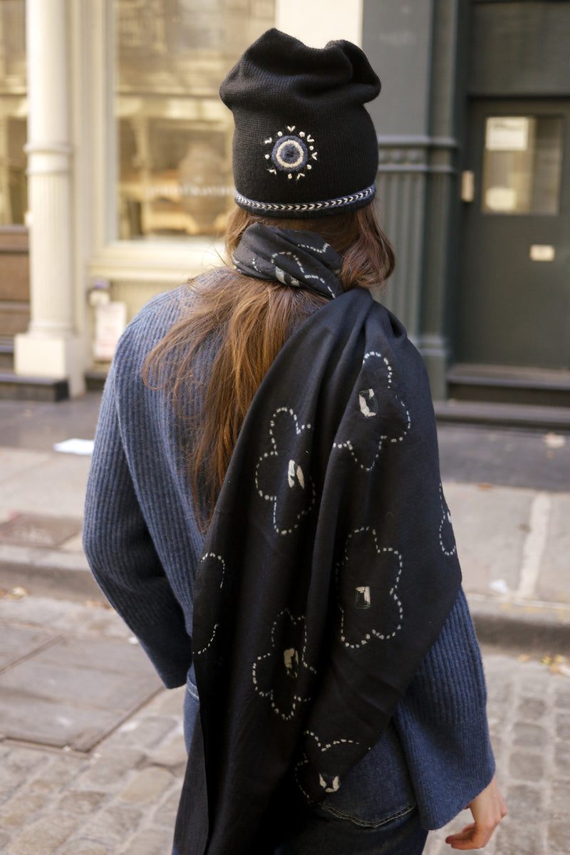 Shibori Flowers Pashmina in Black