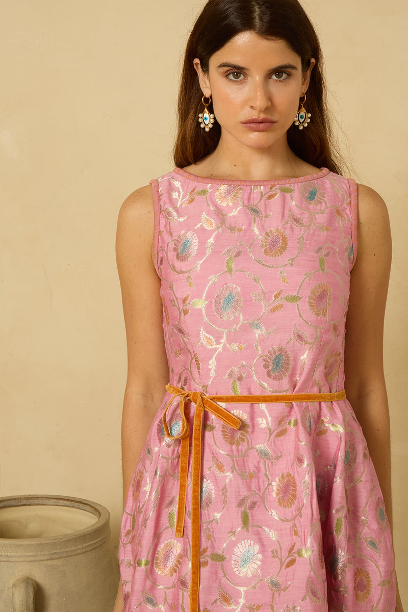 Soiree Feather Dress in Pink Varanasi
