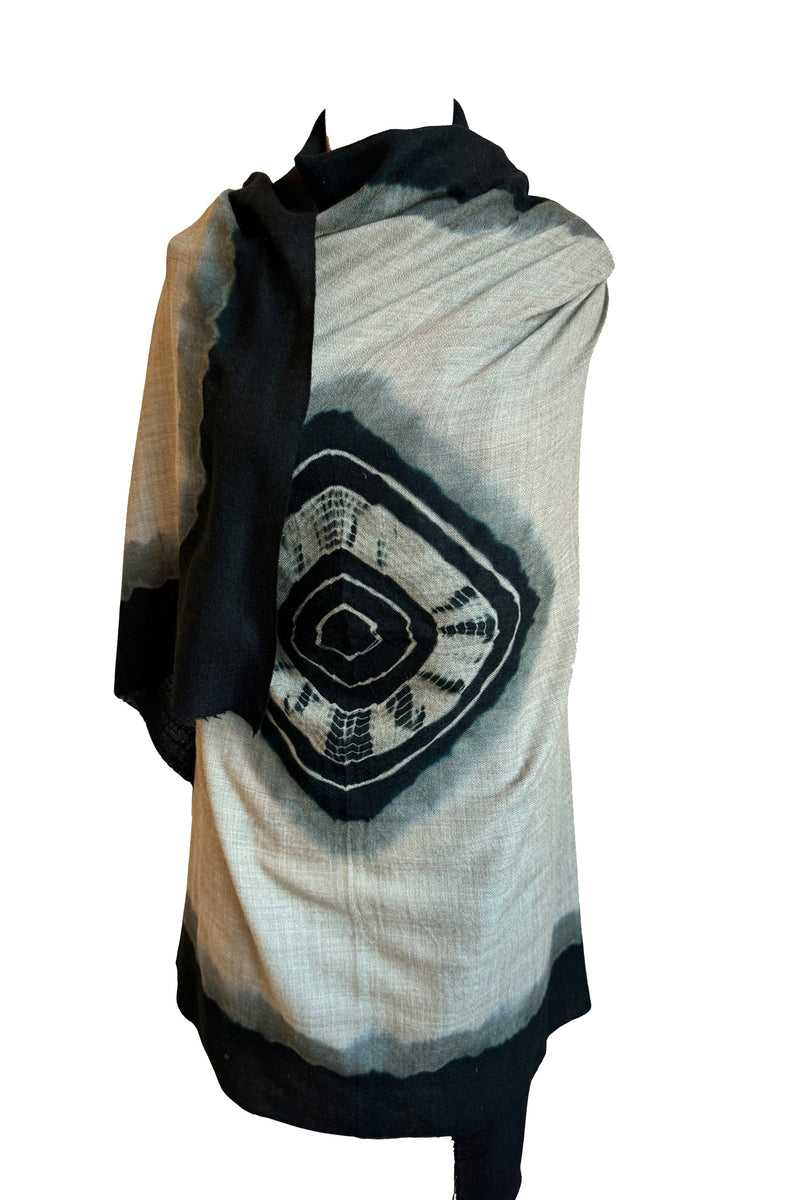 Dip Dye Edge with Evil Eye Pashmina - Natural Brown with Black/Grey