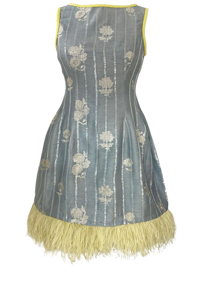 Soiree Shift Dress - Grey Blue with Lime Feathers