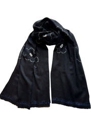 Shibori Flowers Pashmina - Black with Denim Edge