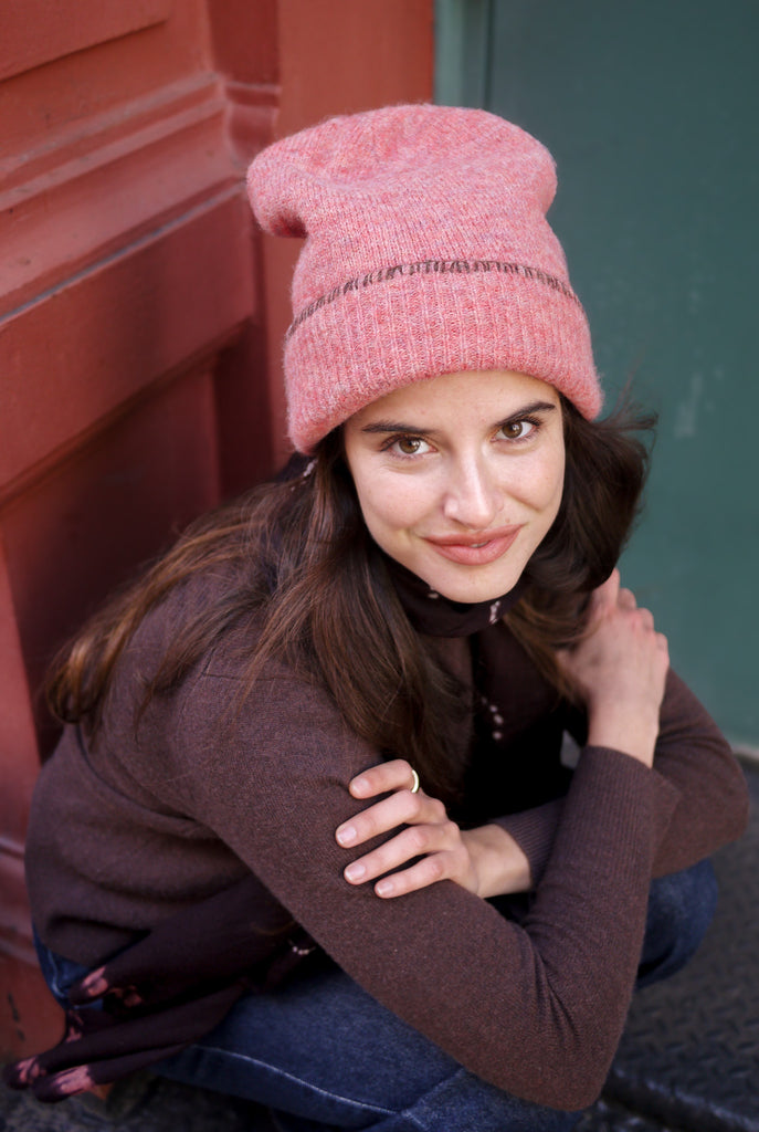 Bleecker Beanie Embroidered - Coral with Cinnamon Blanket Stitch