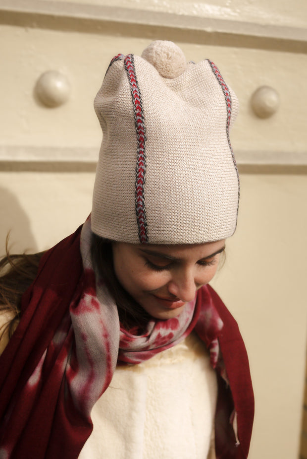 Teton Beanie - Oatmeal Heather with Light Blue and Red Embroidery