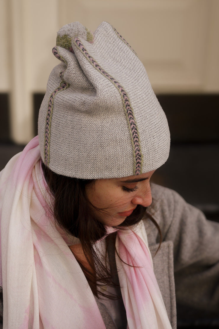 Teton Beanie - Light Gray with Light Green and Lilac Embroidery