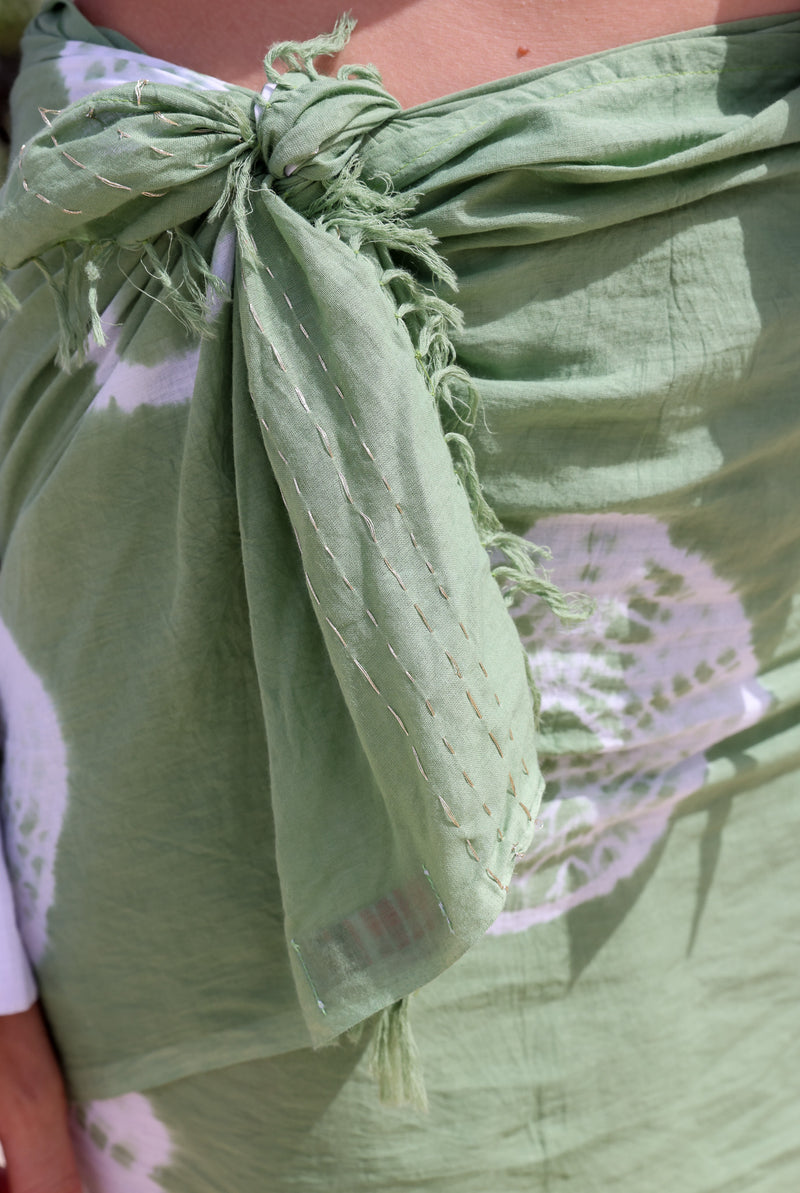 Shibori Skinny Pareo with Hand Stitching - Watercress