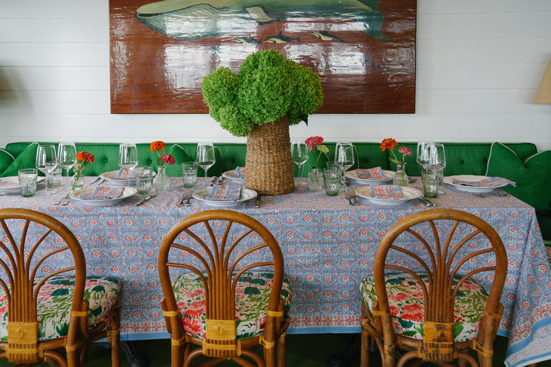 Faridabad Flower Tablecloth with Cross Border - Blue and Orange