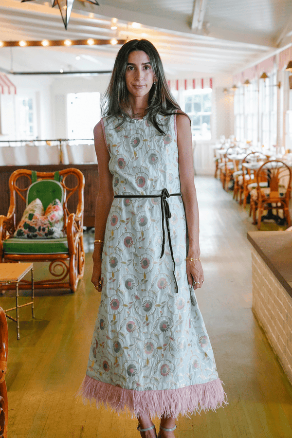 Fête Feather Dress - Sea Foam Blue Varanasi