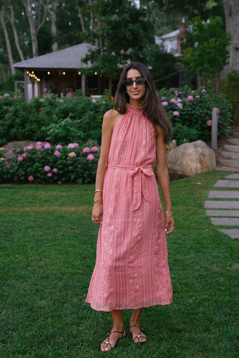 Coral Sequin Halter Dress