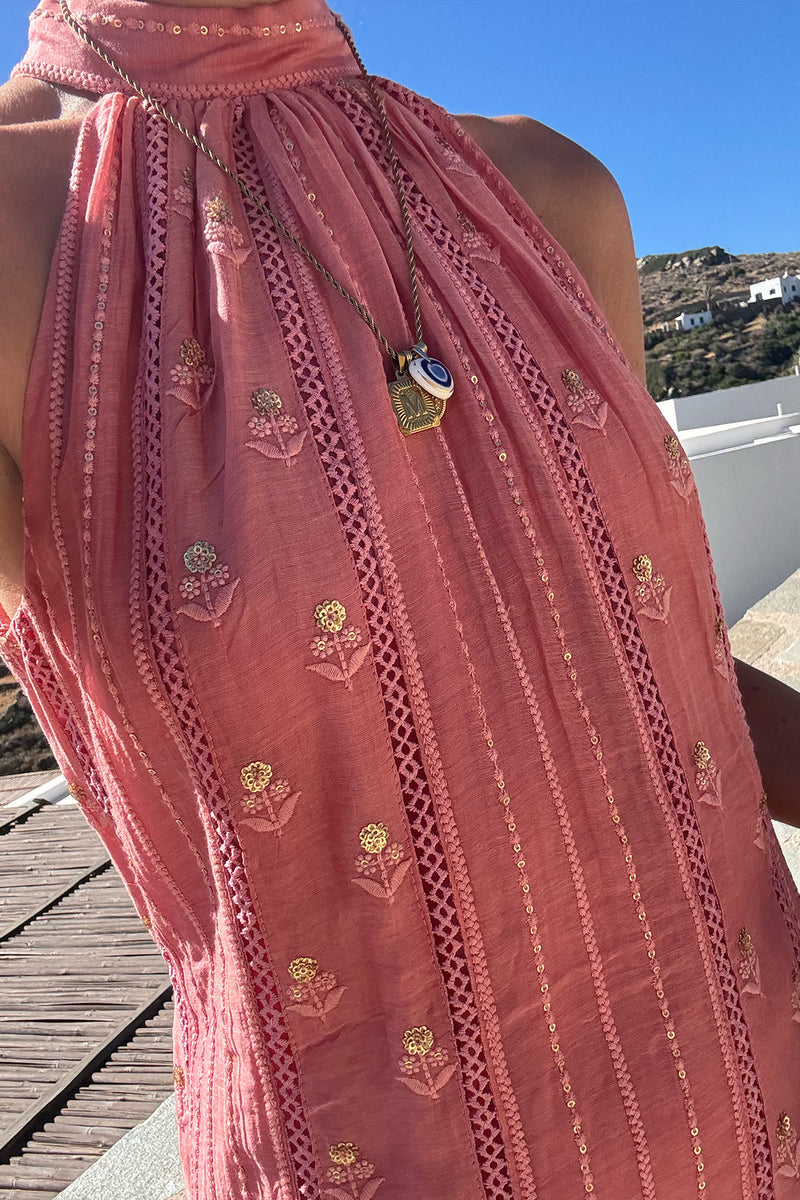 Coral Sequin Halter Dress