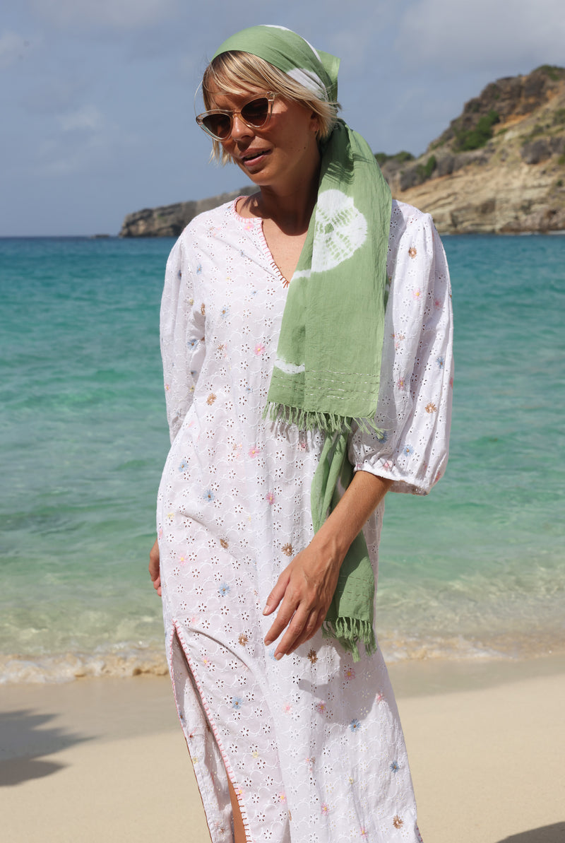 Shibori Skinny Pareo with Hand Stitching - Watercress