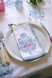 Bouquet Flower Napkins with French Knot Hand Embroidery in Nantucket Grey & Hot Pink , Set of 4