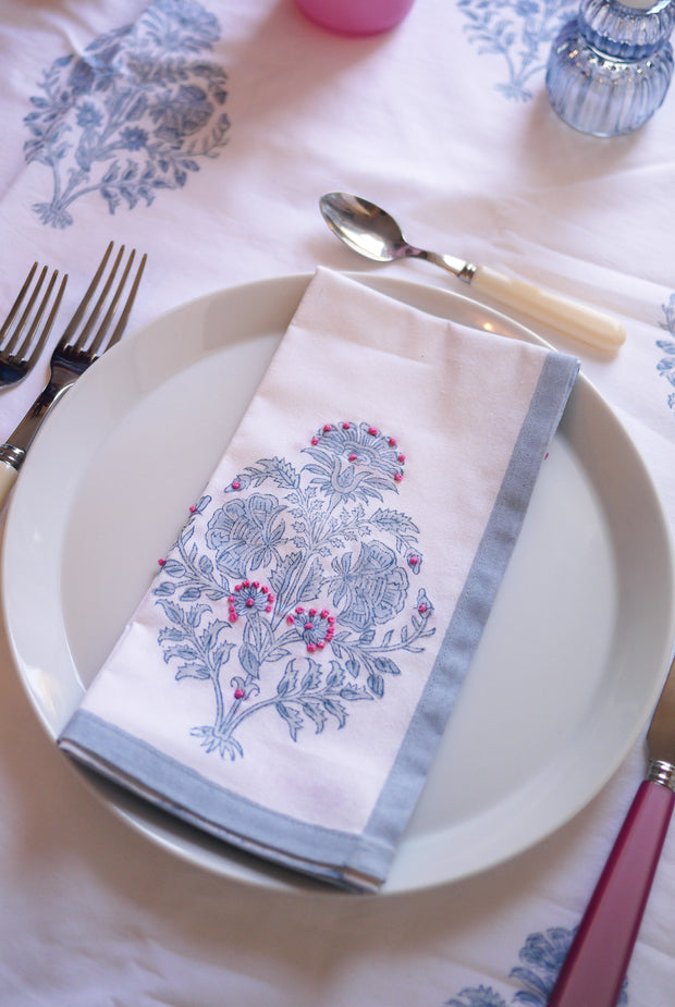 Modern Floral Tablecloth with Hand Embroidered Border in Nantucket Grey - MORE SIZES