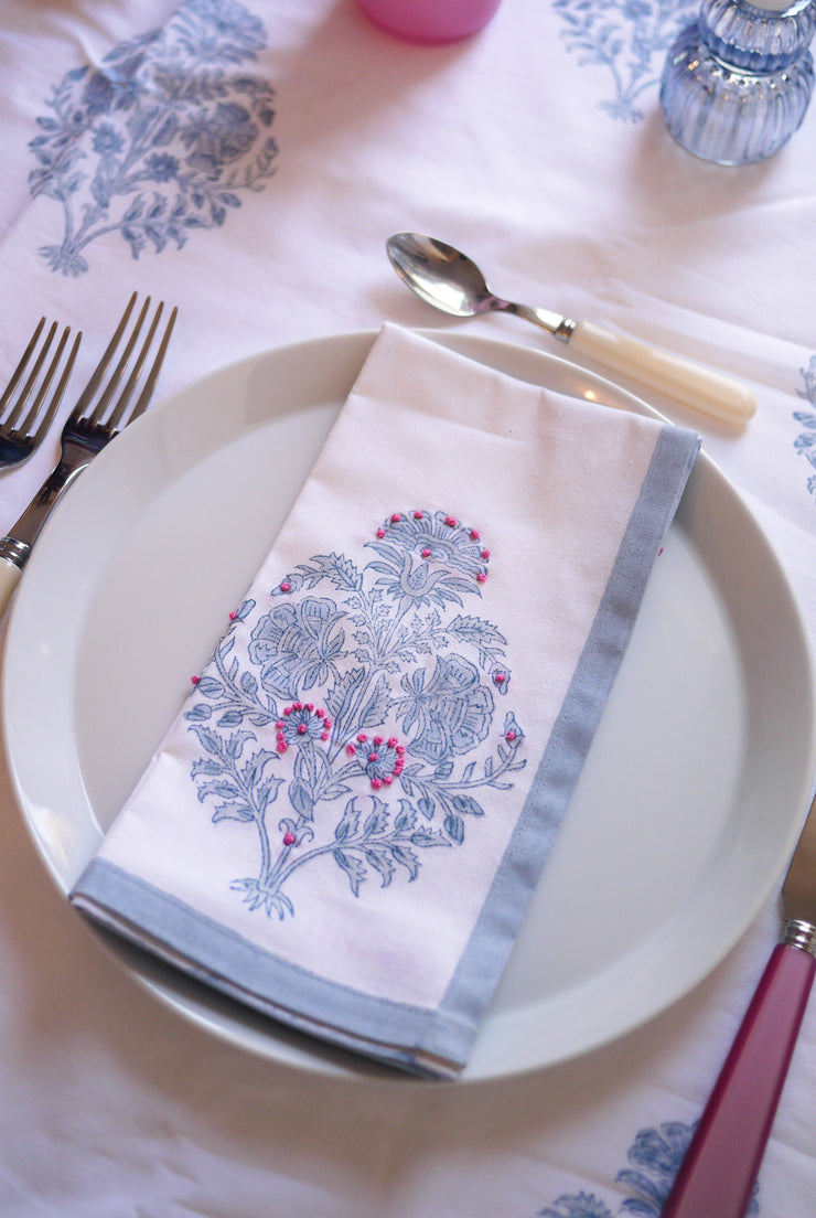 Bouquet Flower Napkins with French Knot Hand Embroidery in Nantucket Grey & Hot Pink , Set of 4