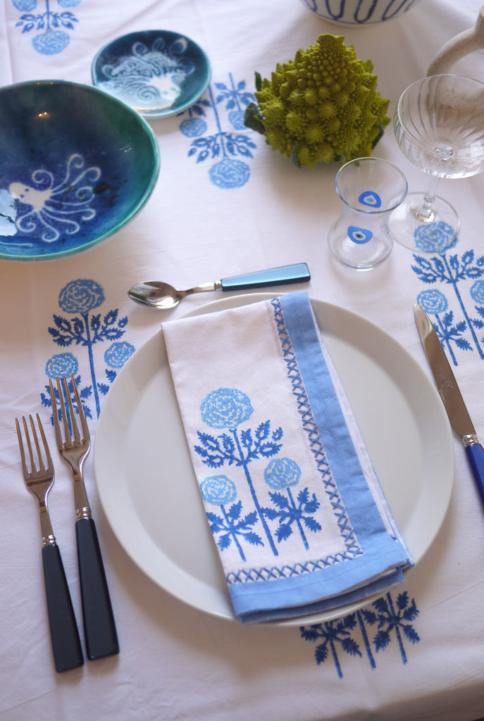 Modern Floral Napkins with Embroidery in Grecian Blues, Set of 4